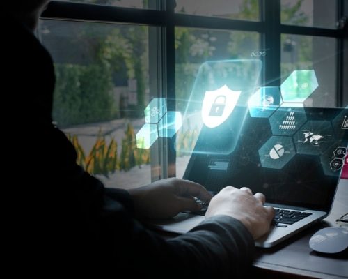 Young women using computer, Cyber security concept.