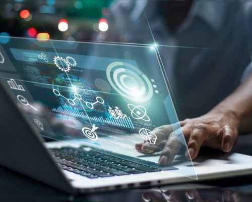 Data scientists. Male programmer using laptop analyzing and developing in various information on futuristic virtual interface screen. Algorithm. marketing and deep learning of artificial intelligence