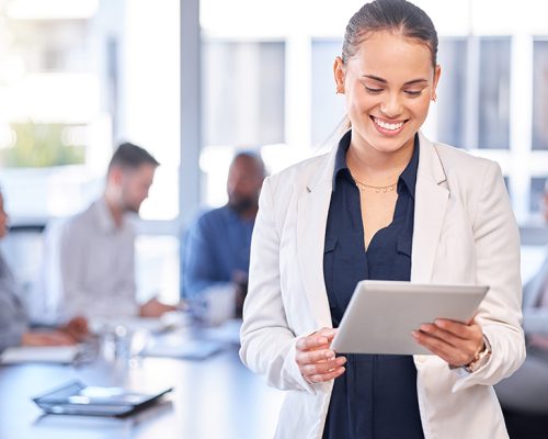 Business woman, smile and tablet in office for research, internet browsing or email. Technology, di.