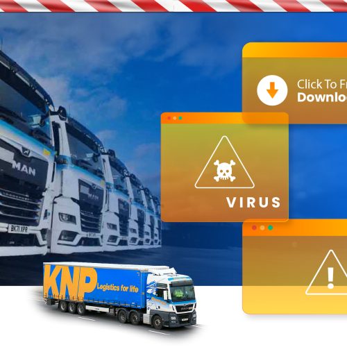 camiones en fila de, con alertas de virus y de la marca KNP